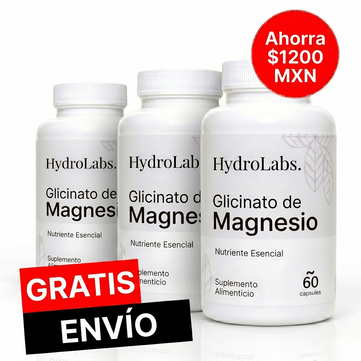 HydroLabs Magnesio Glicinato — 3 Botellas (90 Días)